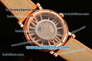 Cartier Rotonde De Swiss Quartz Rose Gold Case with Diamonds Bezel Skeleton Dial and Orange Leather Strap