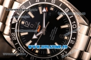 Omega Seamaster Planet Ocean 600M Co-axial GMT Clone Omega 8605 Automatic Full Steel with Black Dial and and Stick/Silver Arabic Numeral Markers (EF)