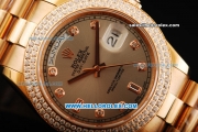 Rolex Day Date II Automatic Movement Full Rose Gold with Double Row Diamond Bezel - Diamond Markers and Grey Dial