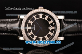 Cartier Rotonde De Miyota Quartz Steel Case with Black Dial Diamonds Bezel and Diamonds Markers