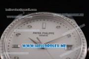 Patek Philippe Calatrava Miyota 9015 Automatic Steel Case with White Dial Black Leather Strap and Diamonds Markers Diamonds Bezel