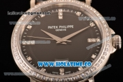 Patek Philippe Calatrava Miyota Quartz Steel Case with Diamonds Bezel and Black Dial - Diamonds Markers