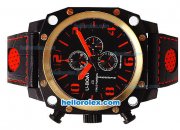 U-BOAT Italo Fontana Chronograph Quartz Movement PVD Case with Gold Bezel-Black Dial and Red Markers-Leather Strap