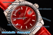 Rolex Day-Date Asia 2813 Automatic Steel Case with Red Leather Strap Stick Markers and Red Dial