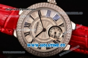 Cartier Ballon Bleu De Small Swiss Quartz Steel Case with Diamonds Bezel White Dial and Red Leather Strap - Black Markers