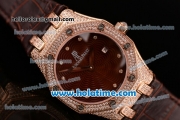 Audemars Piguet Royal Oak Lady Miyota OS2035 Quartz Rose Gold/Diamond Case with Brown Leather Bracelet and Brown Dial (EF)