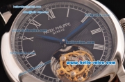 Patek Philippe Grand Complication Tourbillon ST8001 Manual Winding Steel Case Steel Bezel with Black Leather Strap Black Dial