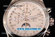 Longines Master Moonphase Chrono Miyota OS10 Quartz with Date Full Steel with White Dial and Stick Markers