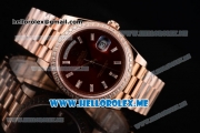 Rolex Day-Date Swiss ETA 2836 Automatic Rose Gold Case/Bracelet with Brown Dial and Stick Markers Diamonds Bezel (BP)