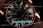 Cartier Ronde Solo Swiss ETA 2836 Automatic Rose Gold Case with Brown Leather Strap White Roman Numeral Markers and Black Dial