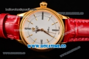 Rolex Cellini Time Asia 2813 Automatic Yellow Gold Case White Dial Red Leather Strap and Stick/Roman Numeral Markers