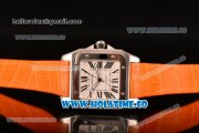 Cartier Santos 100 Large Asia Automatic Steel Case with Orange Leather Strap Black Roman Numeral Markers and White Dial