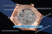 Hublot Classic Fusion Skeleton Asia Automatic Rose Gold Case with Skeleton Dial Diamonds Bezel and Blue Rubber Strap