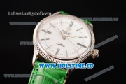 Rolex Cellini Time Asia 2813 Automatic Steel Case with White Dial Green Leather Strap and Stick/Roman Numeral Markers