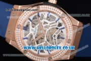 Hublot Classic Fusion Skeleton Asia Automatic Rose Gold Case with Skeleton Dial Diamonds Bezel and Blue Rubber Strap