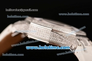 Audemars Piguet Royal Oak Ladies Swiss Quartz Steel/Diamond Case with White Leather Bracelet and White Dial - 1:1 Original