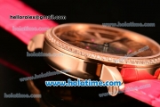 Cartier Rotonde De Swiss Quartz Rose Gold Case with Diamonds Bezel Skeleton Dial and Hot Pink Leather Strap