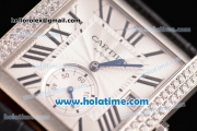 Cartier Tank MC Miyota 8245 Automatic Steel Case with Black Leather Strap White Dial and Diamond Bezel