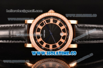 Cartier Rotonde De Miyota Quartz Rose Gold Case with Black Dial Diamonds Bezel and Diamonds Markers