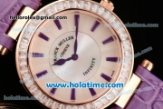 Franck Muller Ronde Miyota Quartz Rose Gold Case with Purple Leather Bracelet Diamond Bezel and Purple Stick Markers