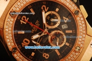 Hublot Big Bang Diamond Bezel Chronograph Swiss Quartz Rose Gold Case With Black Dial and Black Rubber Strap