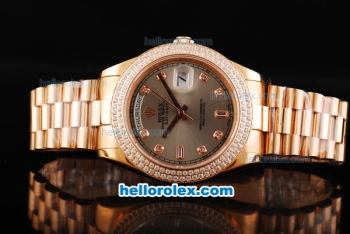 Rolex Day Date II Automatic Movement Full Rose Gold with Double Row Diamond Bezel-Diamond Markers and Grey Dial