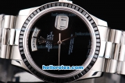 Rolex Oyster Perpetual Day-Date Swiss ETA 2836 Automatic Movement Silver Case with Black Dial-Black Bezel and SS Strap