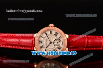 Cartier Ballon Bleu De Small Swiss Quartz Rose Gold Case with Diamonds Bezel White Dial and Red Leather Strap - Black Markers