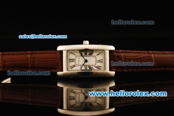 Cartier Tank Americaine Quartz Movement Steel Case with White Dial and Brown Leather Strap - Lady Model