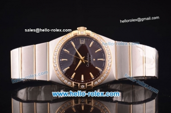 Omega Constellation Co-Axial Swiss ETA 2824 Automatic Steel Case with Yellow Gold/Diamond Bezel and Brown Dial