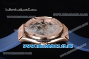 Hublot Classic Fusion Skeleton Asia Automatic Rose Gold Case with Skeleton Dial Diamonds Bezel and Blue Rubber Strap