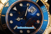 Rolex Submariner Automatic Movement Full Gold with Blue Dial-White Markers and Blue Ceramic Bezel