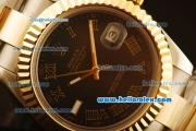 Rolex Datejust II Swiss ETA 2836 Automatic Full Steel with Yellow Gold Bezel and Black Dial-Roman Markers/Two Tone Strap