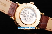 Breguet Skeleton Automatic Movement Rose Gold Case with White Dial and Black Rome Numeral Marker-Brown Leather Strap