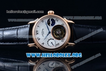 Patek Philippe Grand Complication Swiss Tourbillon Manual Winding Rose Gold Case with White Dial Roman Numeral Markers and Black Leather Strap