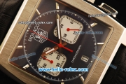 Tag Heuer Monaco Chronograph Miyota Quartz Movement Black Dial with Silver Stick Markers and Black Leather Strap