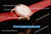 Omega De Ville Prestige Miyota Quartz Rose Gold Case with White MOP Dial Diamonds Bezel and Red Leather Strap