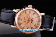 Patek Philippe Automatic Rose Gold Case and Dial with Black Marking and Leather Strap
