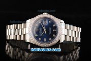 Rolex Day Date II Automatic Movement Full Steel with Diamond Bezel-Diamond Markers and Blue Dial