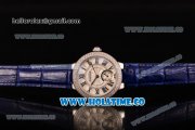 Cartier Ballon Bleu De Small Swiss Quartz Steel Case with Diamonds Bezel White Dial and Blue Leather Strap - Black Markers