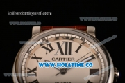 Cartier Rotonde De Miyota Quartz Steel Case with White Dial and Brown Leather Strap - Roman Numeral Markers