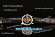 Cartier Rotonde De Swiss Quartz Steel Case with Diamonds Bezel Skeleton Dial and Black Leather Strap