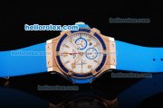 Hublot Big Bang Chronograph Swiss Valjoux 7750 Automatic Movement White Dial with Blue Diamond Bezel and Blue Rubber Strap