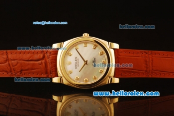 Rolex Cellini Swiss Quartz Yellow Gold Case with White MOP Dial and Brown Leather Strap-Diamond Markers