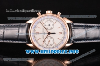 Vacheron Constantin Historiques Cornes de Vache 1955 Chronograph Copy Venus 75 Manual Winding Rose Gold Case with White Dial Stick Markers and Black Leather Strap