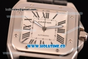 Cartier Santos 100 Large Asia Automatic Steel Case with Black Leather Strap Black Roman Numeral Markers and White Dial