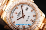 Rolex Day Date II Automatic Movement Full Rose Gold with Diamond Bezel-Diamond Markers and White Dial