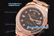 Rolex Day Date II Swiss ETA 2836 Automatic Rose Gold Case with Diamond Markers Black Dial and Diamond Bezel