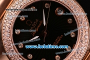 Omega De Ville Ladymatic Swiss Quartz Movement Rose Gold Case Rose Gold Bracelet with Diamond Bezel and Black Dial