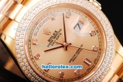 Rolex Day Date II Automatic Movement Full Rose Gold with Double Row Diamond Bezel-Diamond Markers and Rose Gold Dial